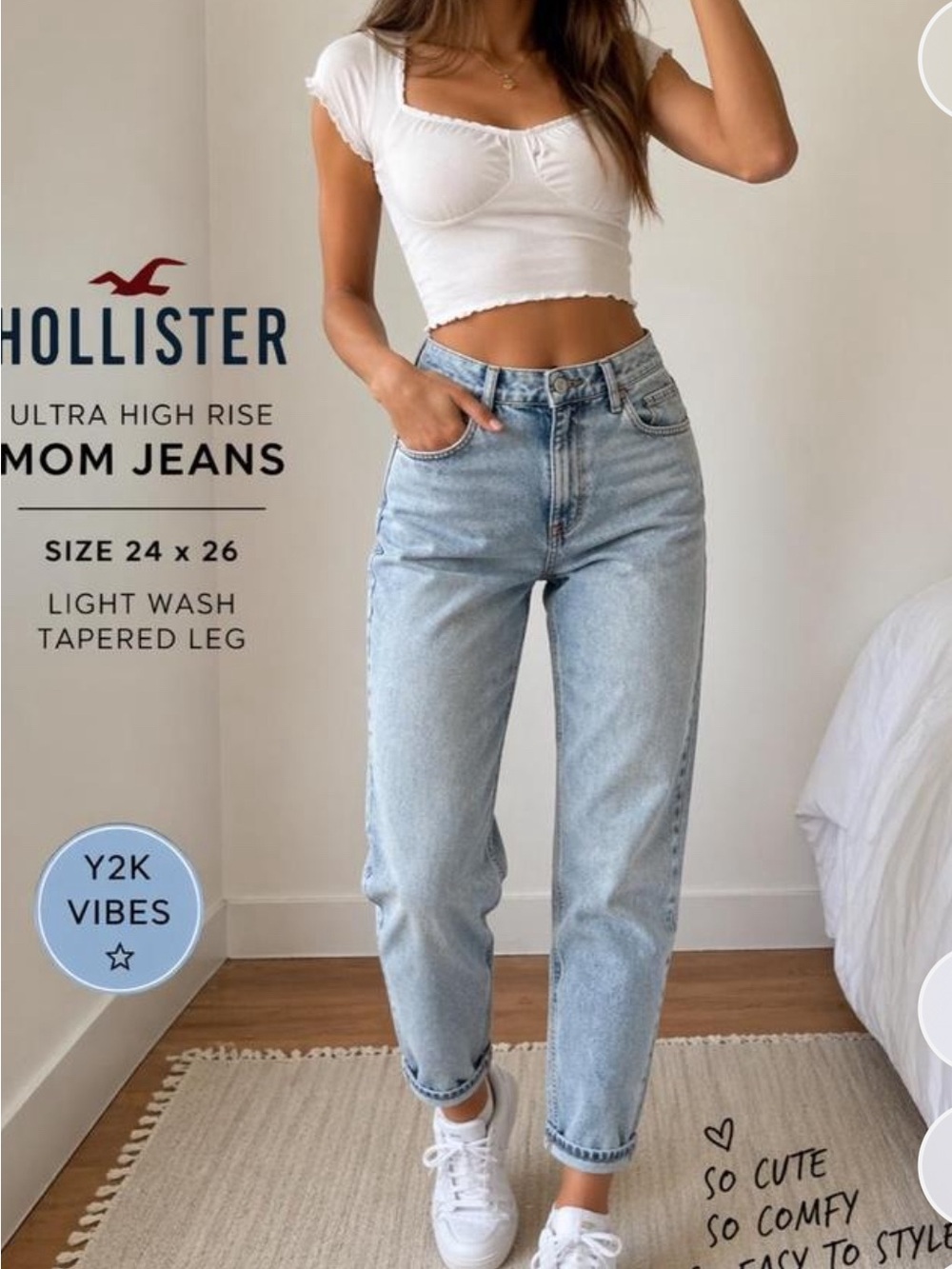 Hollister Ultra High Rise Mom Jeans 24x26 Light Wash Cropped Y2K
